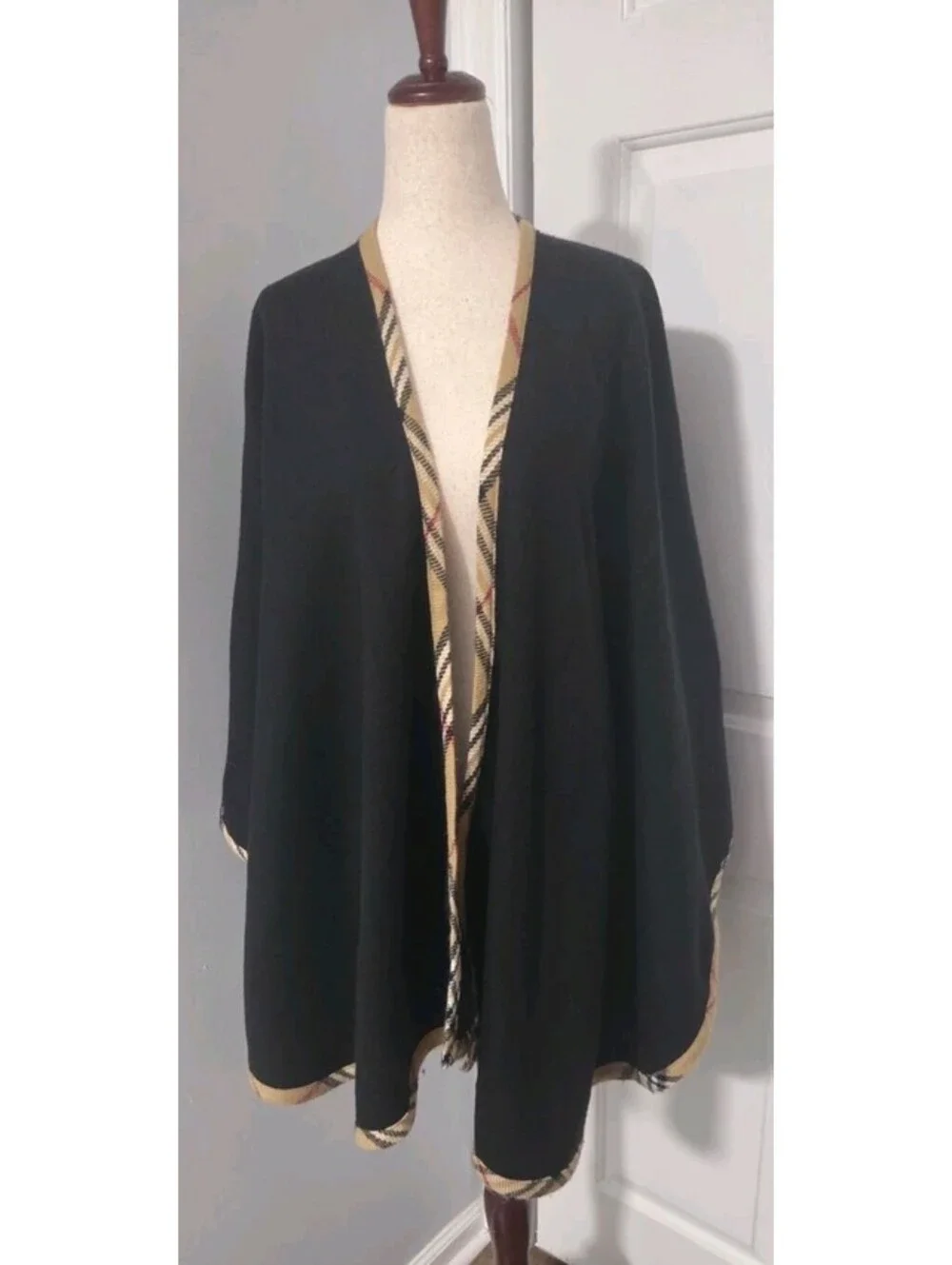 Lord And Taylor One Size Black Plaid Trim Open Front Poncho Cape Wrap